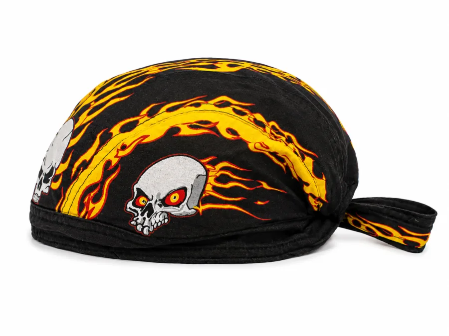 Black bandana skull cap with orange flames and white skull graphics