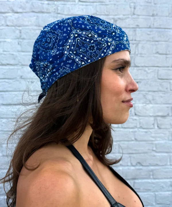 Navy blue paisley print pre-tied bandana skull cap – view 4