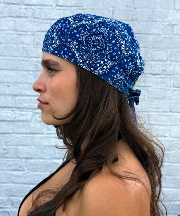 Navy blue paisley print pre-tied bandana skull cap – view 2
