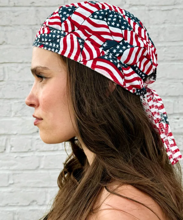All-over American flag collage print pre-tied bandana skull cap – view 2