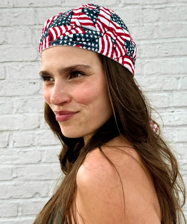 All-over American flag collage print pre-tied bandana skull cap – view 3
