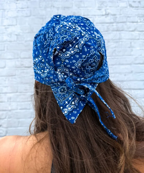 Navy blue paisley print pre-tied bandana skull cap – view 5