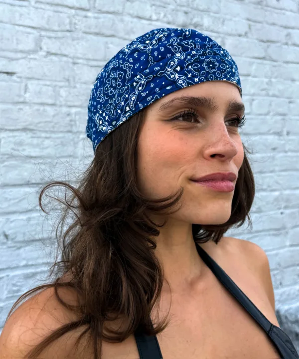 Navy blue paisley print pre-tied bandana skull cap – view 3