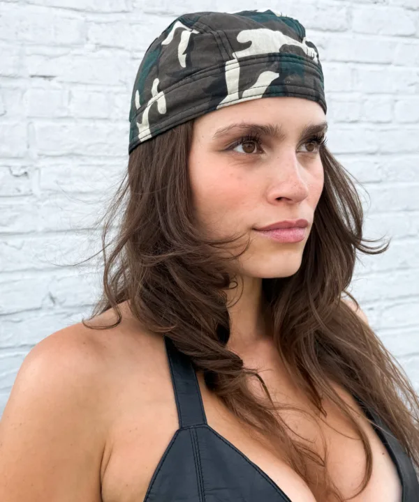Green woodland camouflage pre-tied bandana skull cap – view 4