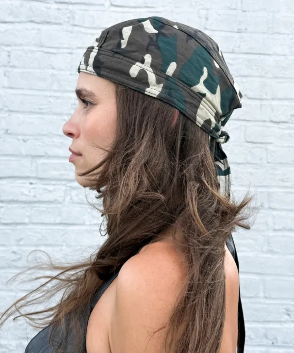Green woodland camouflage pre-tied bandana skull cap – view 3