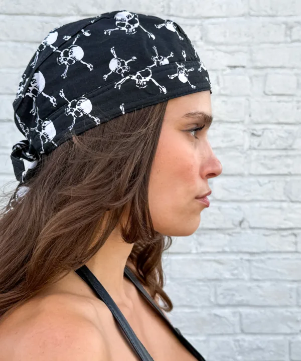 Black bandana skull cap with white skull-and-crossbones print – view 4
