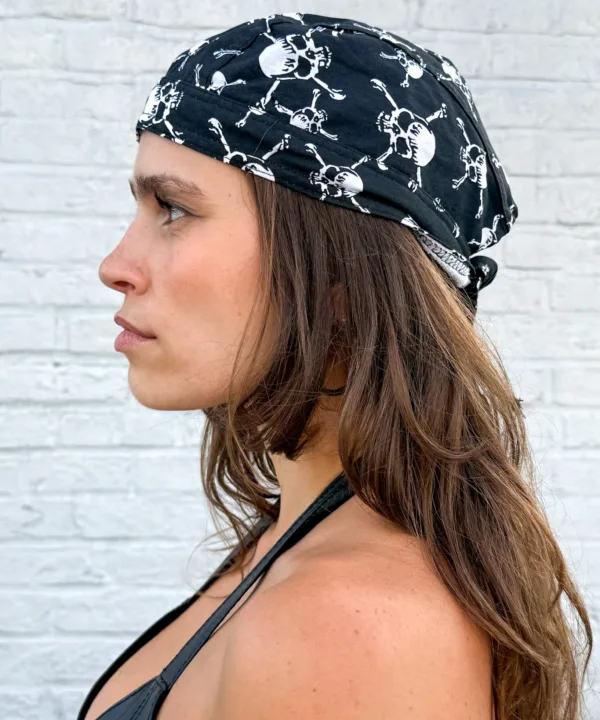 Black bandana skull cap with white skull-and-crossbones print – view 2