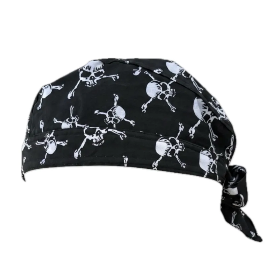 Black bandana skull cap with white skull-and-crossbones print