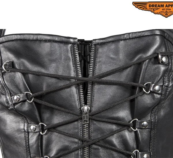 Women's Black Lamb Skin Leather Laces & Zippered Corset - Image 5