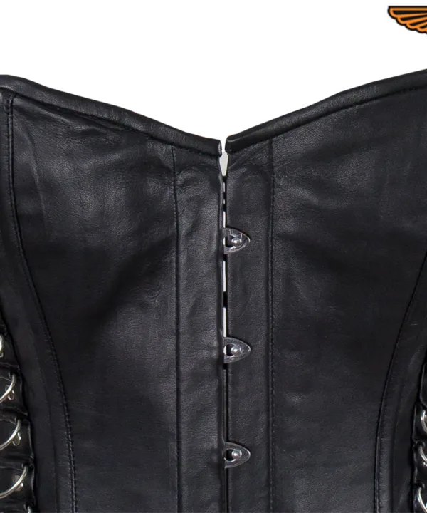 Women's Black Leather Corset with Pin Front Closure - Image 5