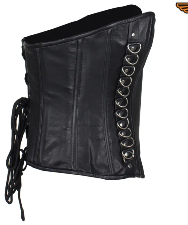 Women's Black Leather Corset with Pin Front Closure - Image 3