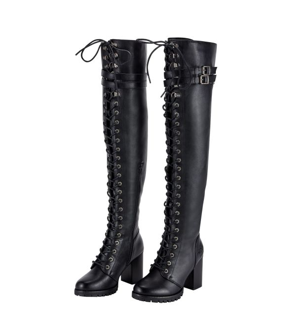 Women's Knee High Laced Motorcycle Boots — Black Heeled - Image 7